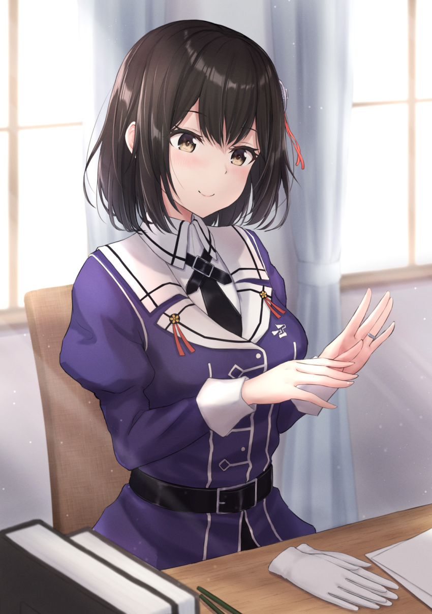 1girl belt belt_buckle black_belt black_hair blush book brown_eyes buckle closed_mouth commission curtains gloves gloves_removed haguro_(kancolle) hair_between_eyes hair_ornament highres jacket jewelry juliet_sleeves kantai_collection long_sleeves military military_uniform monoku puffy_sleeves purple_jacket ring short_hair sitting skeb_commission smile solo uniform wedding_band white_gloves window
