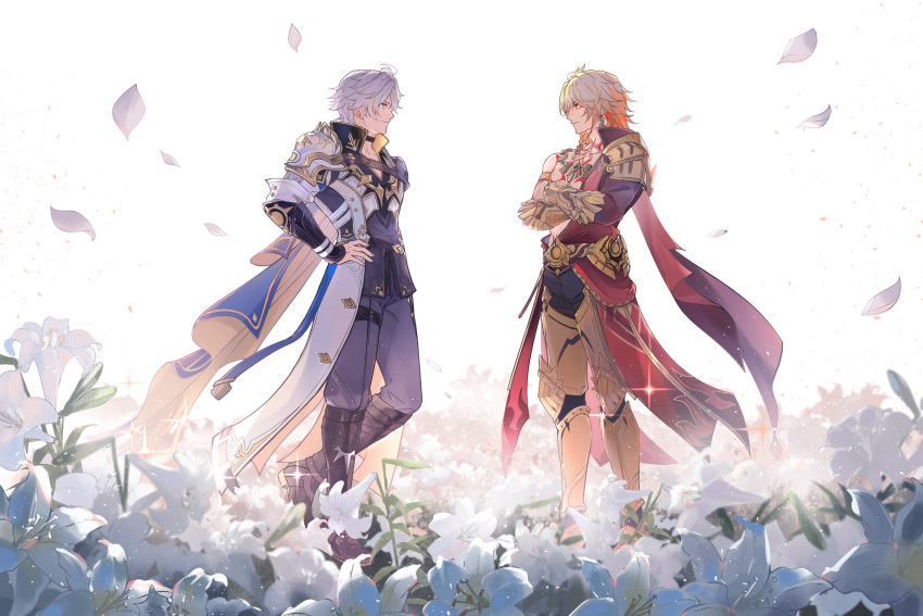 2boys antenna_hair arm_tattoo armlet armor armored_boots black_boots black_choker black_coat black_shirt blonde_hair blue_cape blue_eyes boots braid cape chest_tattoo choker clawed_gauntlets coat commentary crossed_arms earrings english_commentary facial_tattoo falling_petals field flower flower_field from_side gold_earrings gold_necklace gradient_hair grey_pants hand_on_own_hip highres honkai:_star_rail honkai_(series) jewelry lily_(flower) liyue_so_good male_focus medium_hair multicolored_hair multiple_boys mydei_(honkai:_star_rail) neck_tattoo necklace open_clothes open_coat pants parted_bangs pauldrons petals phainon_(honkai:_star_rail) profile red_cape red_hair red_tattoo second-party_source shirt short_hair shoulder_armor side_braid side_cape single_pauldron tattoo thigh_strap two-sided_cape two-sided_fabric white_coat white_hair yellow_cape yellow_eyes