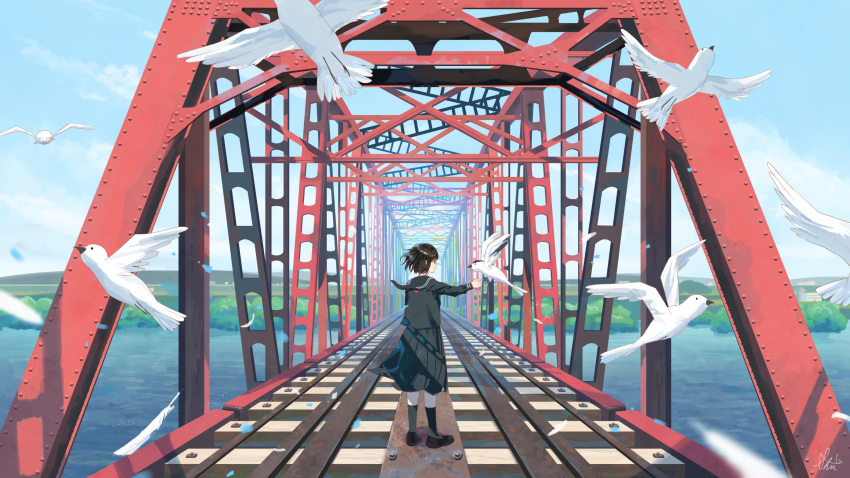 1girl absurdres bird black_footwear black_legwear black_sailor_collar black_serafuku black_shirt black_skirt blue_sky bridge english_commentary facing_away highres kneehighs loafers neckerchief original outdoors pleated_skirt railroad_tracks red_neckerchief sailor_collar scenery school_uniform serafuku shirt shoes short_hair shurock skirt sky