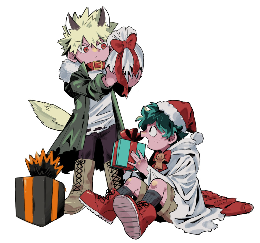 2boys absurdres animal_ears bag bakugou_katsuki boku_no_hero_academia boots bow box brown_footwear christmas claws closed_mouth collar freckles full_body gift gift_box green_eyes green_hair green_jacket highres holding holding_bag holding_box holding_gift jacket kemonomimi_mode long_sleeves looking_at_another male_focus midoriya_izuku multiple_boys niwa2wa_tori open_mouth red_bow red_collar red_eyes red_footwear red_headwear shirt short_hair shorts simple_background sitting spiky_hair standing tail white_background white_shirt wolf_boy wolf_ears wolf_tail