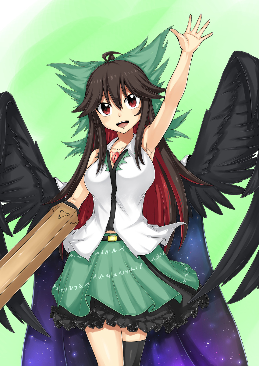 1girl absurdres abyss_arts arm_cannon arm_up armpits bangs bird_wings black_hair black_legwear black_wings blush bow breasts cape collared_shirt colored_inner_hair commentary_request control_rod cowboy_shot frilled_skirt frills green_background green_bow green_skirt hair_between_eyes hair_bow highres large_breasts long_hair looking_at_viewer multicolored_hair open_mouth ponytail red_eyes redhead reiuji_utsuho shirt single_thighhigh skirt sleeveless sleeveless_shirt smile solo starry_sky_print thigh-highs third_eye touhou two-tone_hair weapon white_cape white_shirt wings