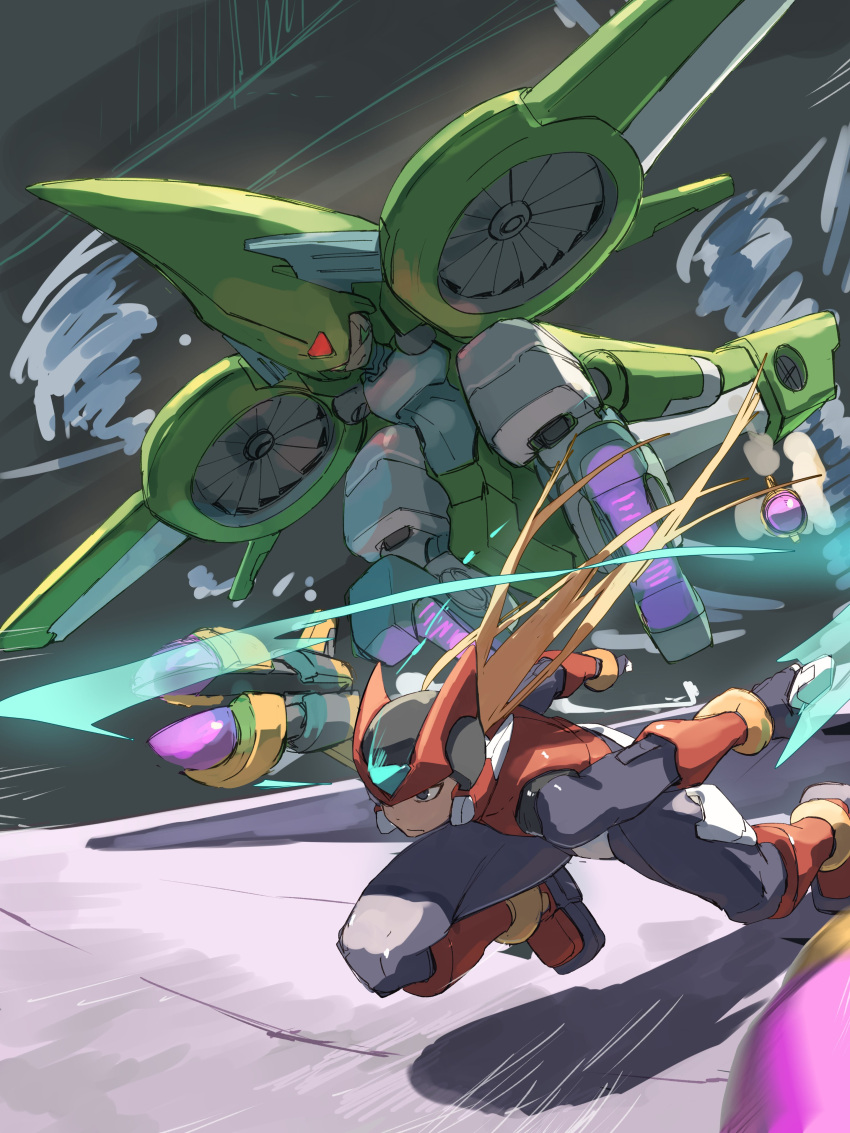 2boys absurdres android armor blonde_hair commentary_request energy_sword fighting fins forehead_jewel full_body green_armor green_helmet head_fins helmet highres holding holding_sword holding_weapon long_hair male_focus mechanical_wings mega_man_(series) mega_man_zero_(series) mega_man_zero_2 missile multiple_boys omochi_(mochi_skymega) red_armor red_helmet sage_harpuia_(mega_man) sword weapon wind wings z_saber zero(z)_(mega_man) zero_(mega_man)