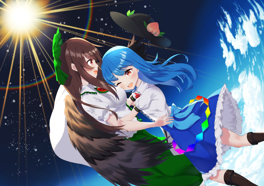 2girls ambasa bangs bird_wings black_headwear blue_hair blue_skirt blue_sky boots bow bowtie breasts brown_footwear brown_hair brown_wings clouds collared_shirt commentary_request commission feet_out_of_frame food frilled_shirt_collar frilled_skirt frills fruit green_bow green_skirt hair_between_eyes hair_bow hat highres hinanawi_tenshi hug leaf long_hair medium_breasts multiple_girls one_eye_closed open_mouth peach puffy_short_sleeves puffy_sleeves rainbow rainbow_gradient red_bow red_bowtie red_eyes reiuji_utsuho shirt short_sleeves skeb_commission skirt sky smile sun third_eye touhou white_shirt wings