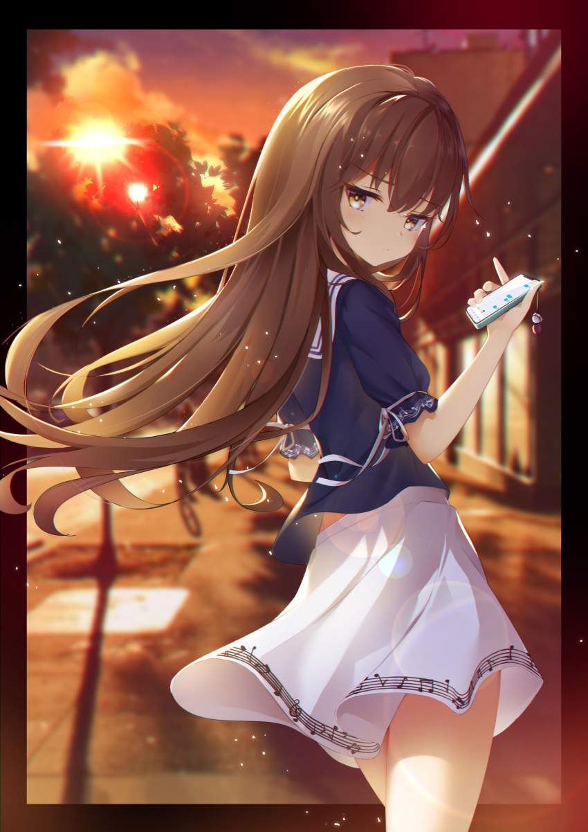 1girl absurdres bangs blurry brown_eyes brown_hair building cellphone clouds cloudy_sky commentary_request depth_of_field dusk from_behind head_tilt highres holding holding_phone long_hair looking_at_viewer looking_back luckyes original phone school_uniform serafuku short_sleeves sidelocks sky smartphone solo sunset tree twilight walking