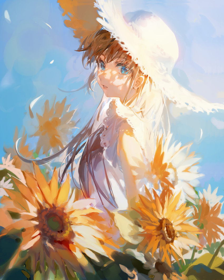 1girl bangs bare_arms blue_eyes blue_sky brown_hair ciloranko crossed_bangs day dress eyelashes field floating_hair flower from_side hat highres leaf long_hair looking_at_viewer looking_to_the_side original outdoors parted_lips petals sidelighting sidelocks sky sleeveless sleeveless_dress solo standing straw_hat sun_hat sunflower upper_body white_dress yellow_flower