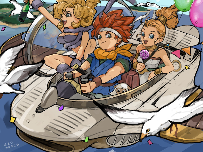 1boy 2girls arm_warmers artist_name ayla_(chrono_trigger) balloon bare_arms bare_shoulders bird blonde_hair blue_eyes bottle candy cavewoman chrono_trigger closed_mouth commentary confetti crono_(chrono_trigger) curly_hair epoch fake_tail flying food forehead headband highres holding holding_bottle holding_candy holding_food holding_lollipop island katana lollipop long_hair looking_at_viewer marle_(chrono_trigger) multiple_girls ocean open_mouth outdoors ponytail redhead shadow short_hair sitting spacecraft spiky_hair sword tail teeth toned toned_male tunic upper_body upper_teeth uzutanco v-shaped_eyebrows weapon white_bird white_headband wine_bottle