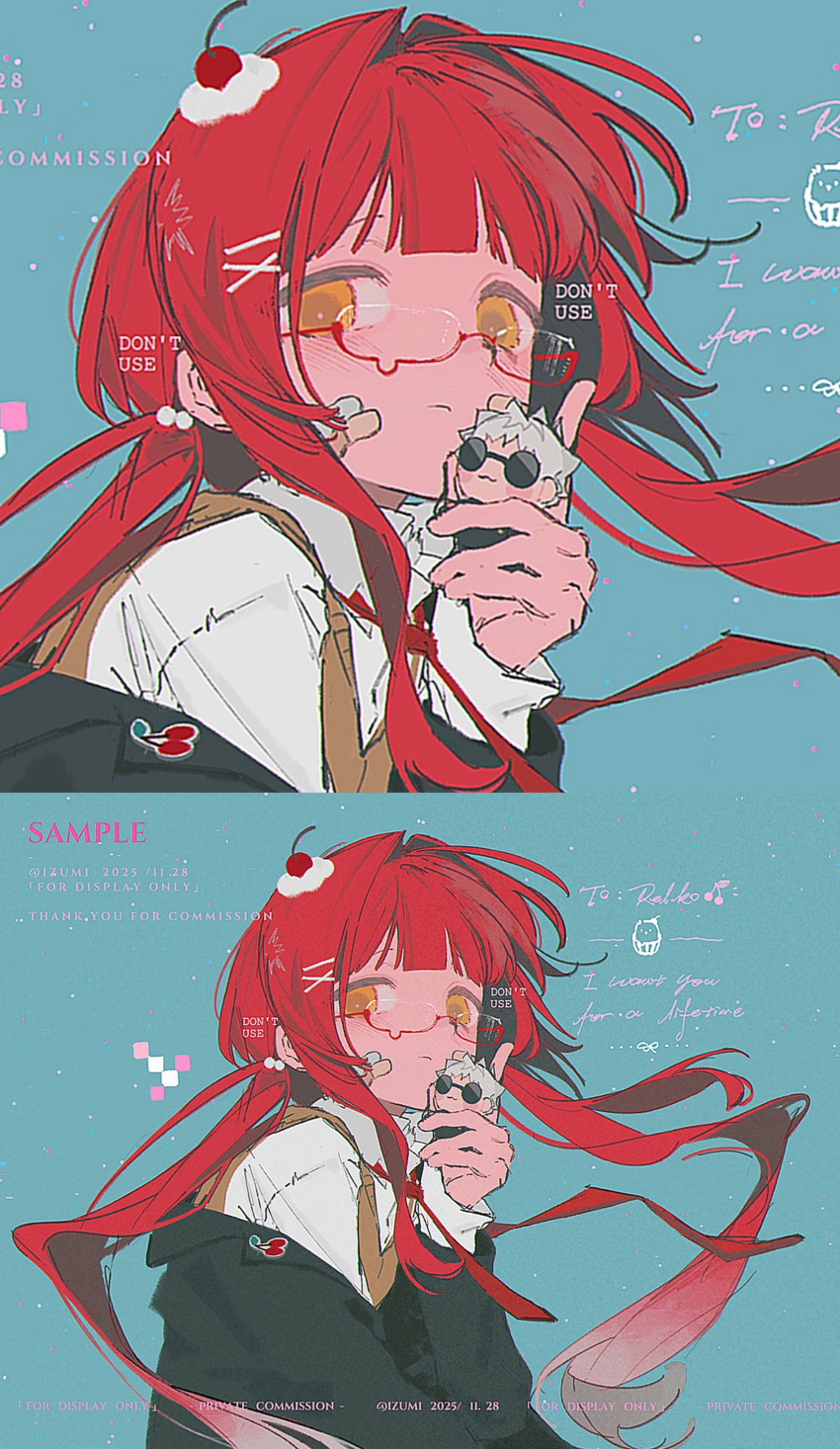 1boy 1girl :3 absurdres bandaid bandaid_on_face blunt_bangs blush character_doll character_name character_request cherry closed_mouth doll food food-themed_hair_ornament fruit fruit_hair_ornament glasses gojou_satoru hair_intakes hair_ornament highres holding holding_doll izumi_087 jacket jujutsu_kaisen long_hair long_sleeves looking_at_viewer necktie oc_x_canon orange_eyes original red_hair red_necktie semi-rimless_eyewear upper_body