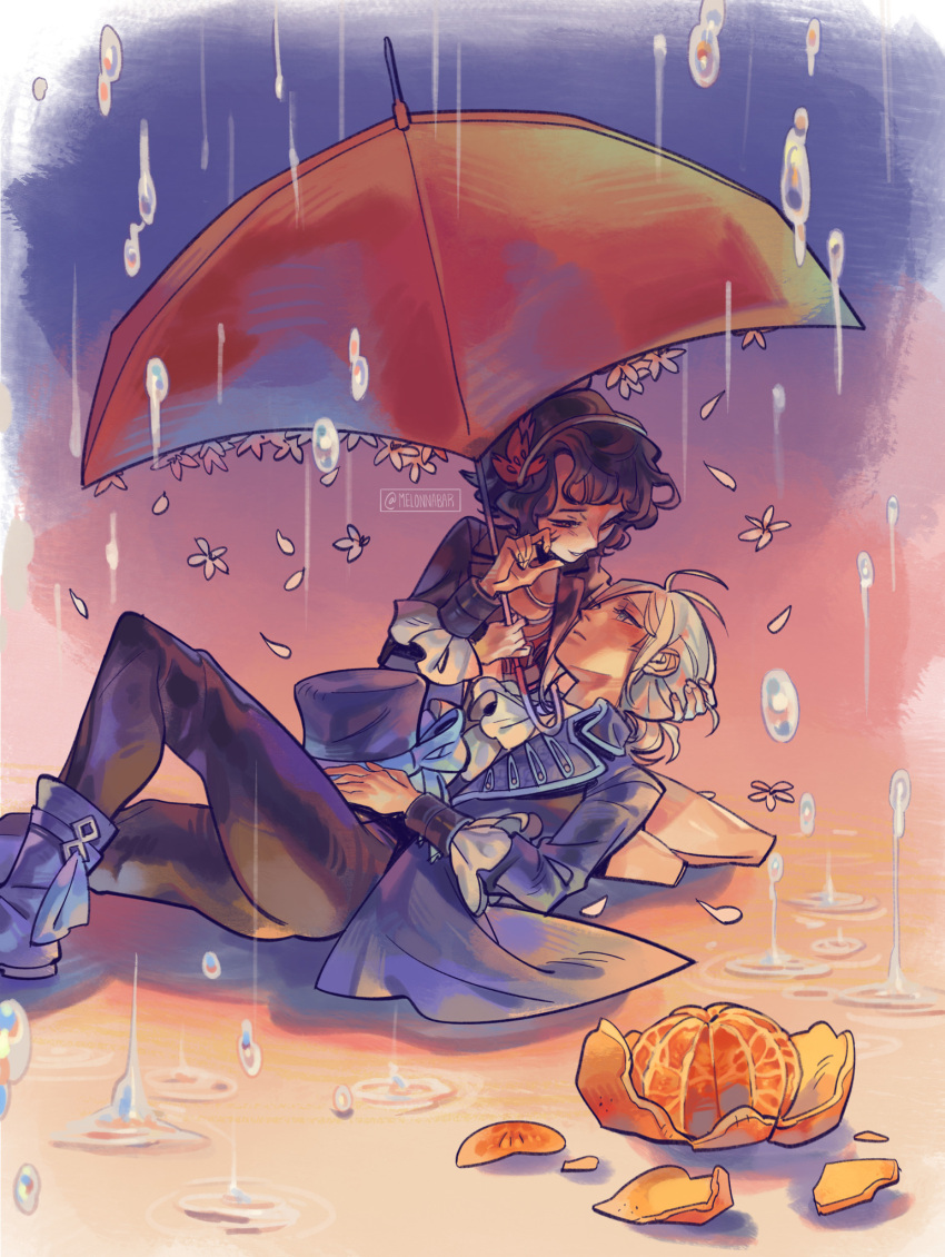 2girls ascot black_hair black_pants blue_boots blue_bow blue_coat blue_hat boater_hat boots bow coat falling_flower feather_hair_ornament feathers feet_out_of_frame food fruit gradient_background grey_eyes grey_hair hair_bun hair_ornament hand_on_another's_head hand_up hat hat_bow highres holding holding_umbrella holding_unworn_clothes holding_unworn_hat knee_up lap_pillow looking_at_another lying lying_on_lap lying_on_person melonnabar multiple_girls orange_(fruit) orange_peel orange_slice pants pink_background purple_background rain red_eyes red_feathers red_umbrella reverse:1999 schneider_(reverse:1999) short_hair single_side_bun sitting twitter_username umbrella unworn_hat unworn_headwear vertin_(reverse:1999) water_drop white_ascot yokozuwari