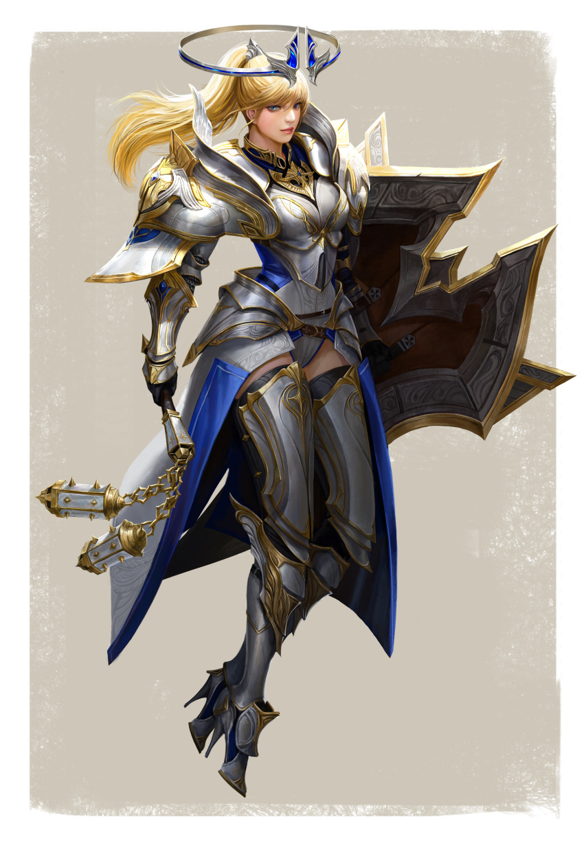 1girl absurdres armor armored_boots armored_dress bangs black_gloves blonde_hair blue_dress blue_eyes boots border breasts commentary dress english_commentary flail full_body gloves gold_trim halo high_heel_boots high_heels highres holding holding_flail holding_shield lips long_hair looking_at_viewer medium_breasts original parted_lips pauldrons ponytail shield shoulder_armor solo taekwon_kim teeth thigh_boots vambraces weapon white_border