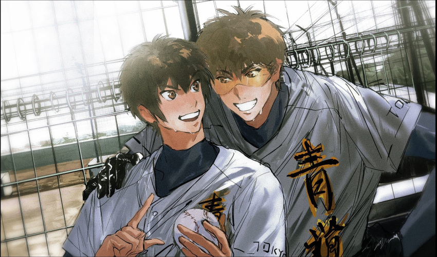 2boys ace_of_diamond ball baseball_(object) baseball_uniform black_hair brown_eyes brown_hair commentary compression_shirt eye_contact hand_on_another's_shoulder heads_together highres layered_sleeves long_sleeves looking_at_another male_focus miyuki_kazuya multiple_boys nian_rt outdoors sawamura_eijun short_hair short_over_long_sleeves short_sleeves sportswear sweat untranslatable_commentary upper_body