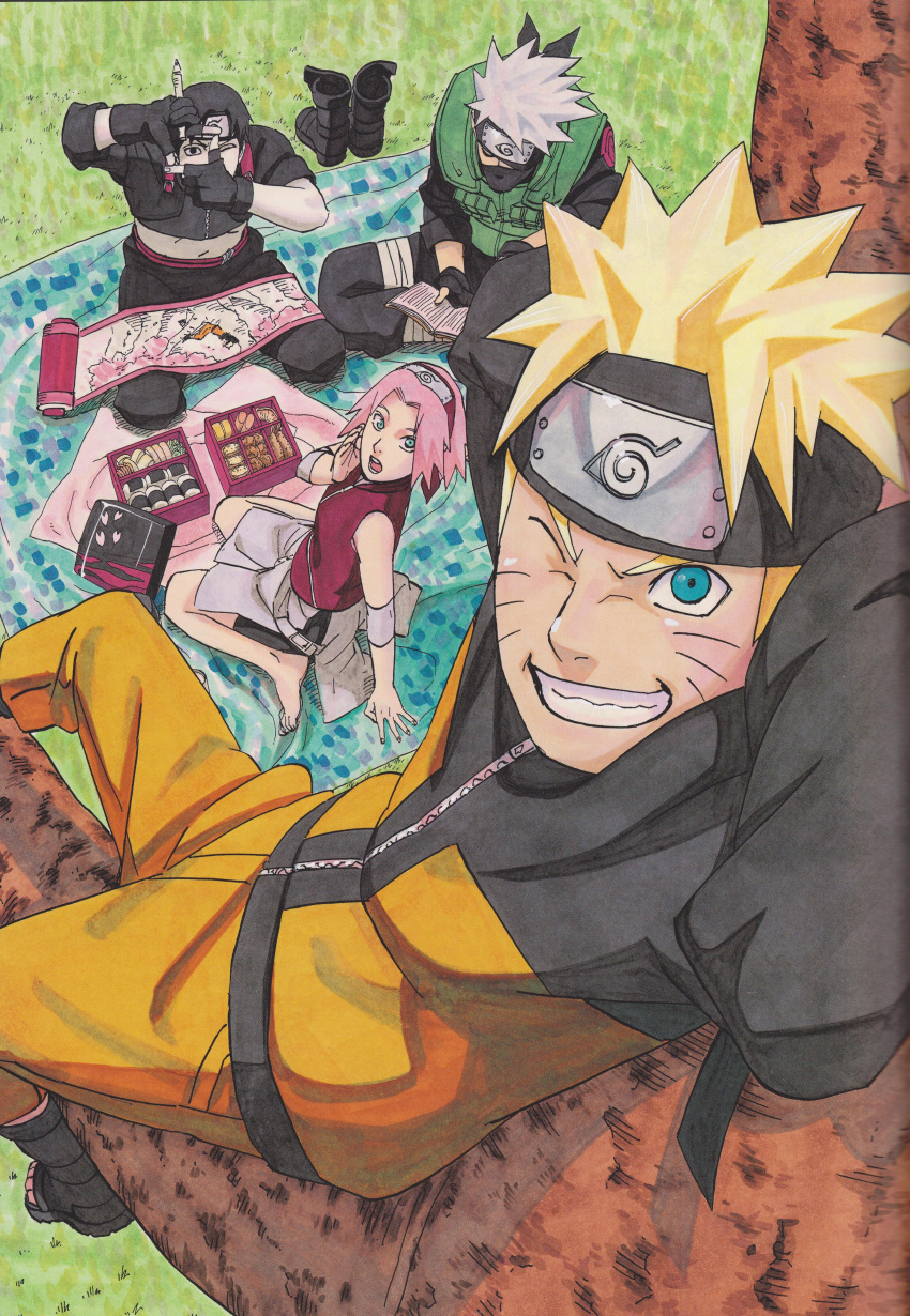 1girl 3boys absurdres arms_behind_head bento black_boots black_gloves black_jacket black_mask black_pants blonde_hair blue_eyes book boots day facial_mark flak_jacket forehead_protector gloves grass haruno_sakura hatake_kakashi highres holding holding_book jacket kishimoto_masashi konohagakure_symbol looking_at_viewer mask mouth_mask multicolored_jacket multiple_boys naruto_(series) naruto_shippuuden official_art one_eye_closed open_book open_mouth orange_jacket orange_pants outdoors pants sai_(naruto) sitting two-tone_jacket unworn_boots uzumaki_naruto wariza whisker_markings