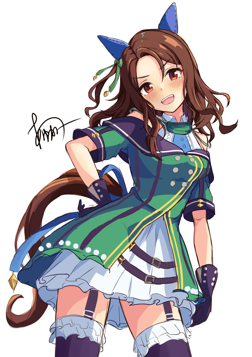 1girl absurdres animal_ears ayukake277 black_gloves blush brown_hair commentary_request contrapposto cowboy_shot dress ear_covers gloves green_dress hand_on_own_hip head_tilt highres horse_ears horse_girl horse_tail king_halo_(king_of_emeralds)_(umamusume) king_halo_(umamusume) layered_dress looking_at_viewer medium_hair one_side_up open_mouth short_sleeves signature simple_background smile solo tail teeth thighs umamusume upper_teeth_only v-shaped_eyebrows white_background white_dress
