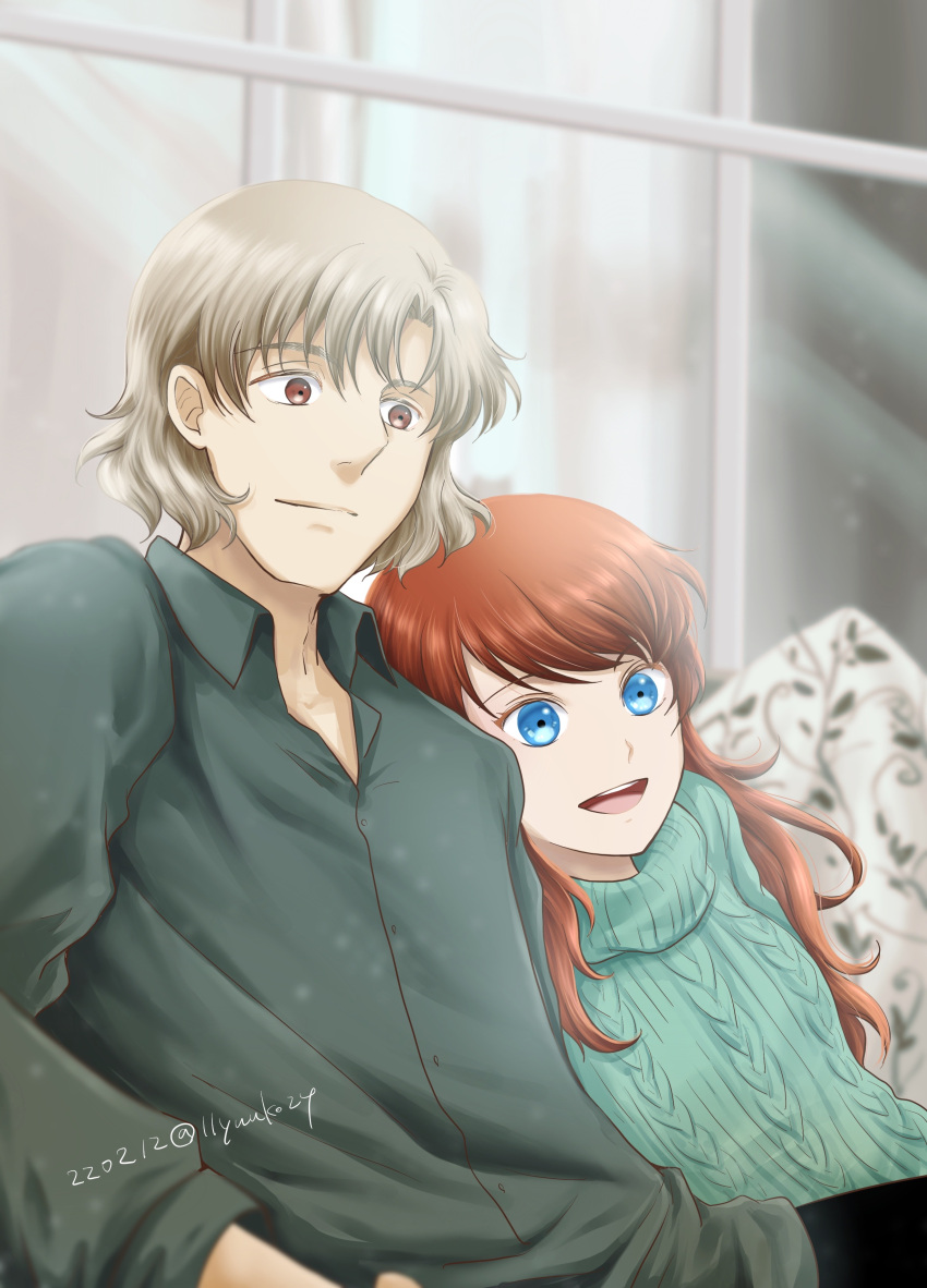 1boy 1girl :d absurdres benno_(honzuki_no_gekokujou) black_shirt blue_eyes blue_sweater blurry blurry_background brown_eyes casual closed_mouth collared_shirt couple dated dress_shirt head_on_another's_shoulder hetero highres honzuki_no_gekokujou indoors light_brown_hair liz_(honzuki_no_gekokujou) long_hair open_mouth ribbed_sweater shiny shiny_hair shirt short_hair smile straight_hair sunlight sweater twitter_username upper_body wing_collar yuuko24
