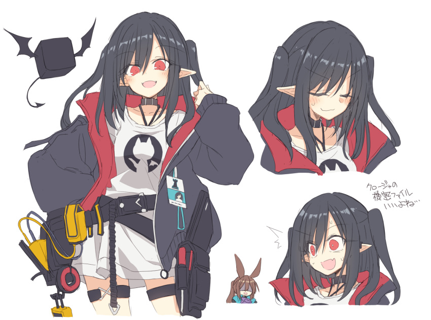 2girls amiya_(arknights) animal_ears arknights bangs belt black_hair blush brown_hair choker closed_eyes closure_(arknights) expressions hand_up id_card jacket long_hair long_sleeves multiple_girls open_clothes open_jacket open_mouth pointy_ears ponytail rabbit_ears red_eyes satou_kibi shaded_face shirt two_side_up white_shirt