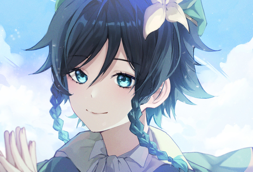 1boy androgynous bangs beret black_hair blue_hair braid cape closed_mouth clouds cloudy_sky collared_cape collared_shirt commentary_request day flower genshin_impact gradient_hair green_cape green_eyes green_headwear hair_flower hair_ornament hat hat_flower highres jira_(0116) korean_commentary leaf male_focus multicolored_hair outdoors shirt short_hair_with_long_locks side_braids sidelocks sky smile solo twin_braids venti_(genshin_impact) white_flower white_shirt