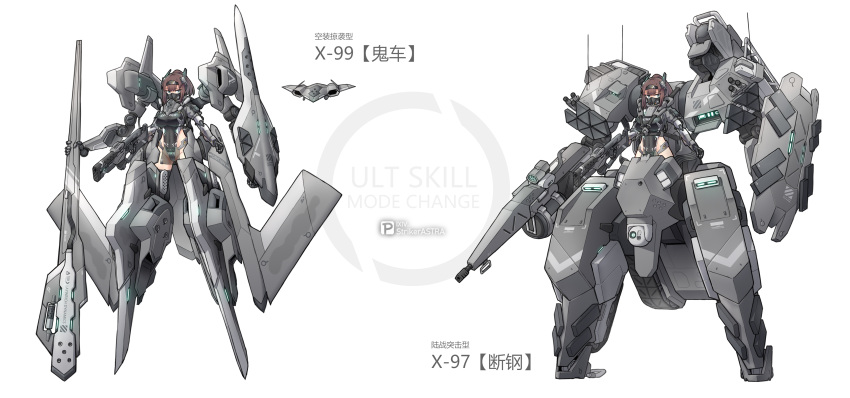 1girl absurdres aqua_eyes armor breasts brown_hair commentary_request full_body gun hairband highleg highleg_leotard highres joints large_breasts leotard mask mecha_musume original pelvic_curtain ponytail prosthesis prosthetic_arm rifle robot_joints sherman_(egnk2525) shield standing translation_request weapon white_background