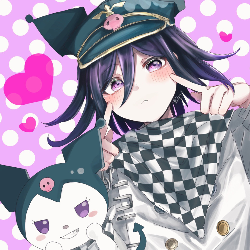 1boy :d bangs black_headwear blush buttons checkered_clothes checkered_scarf closed_mouth copyright_request danganronpa_(series) danganronpa_v3:_killing_harmony double-breasted frown grey_jacket grin hair_between_eyes hands_up heart highres jacket long_sleeves looking_at_viewer ouma_kokichi pink_eyes polka_dot polka_dot_background scarf smile tail translation_request zui_nianshao