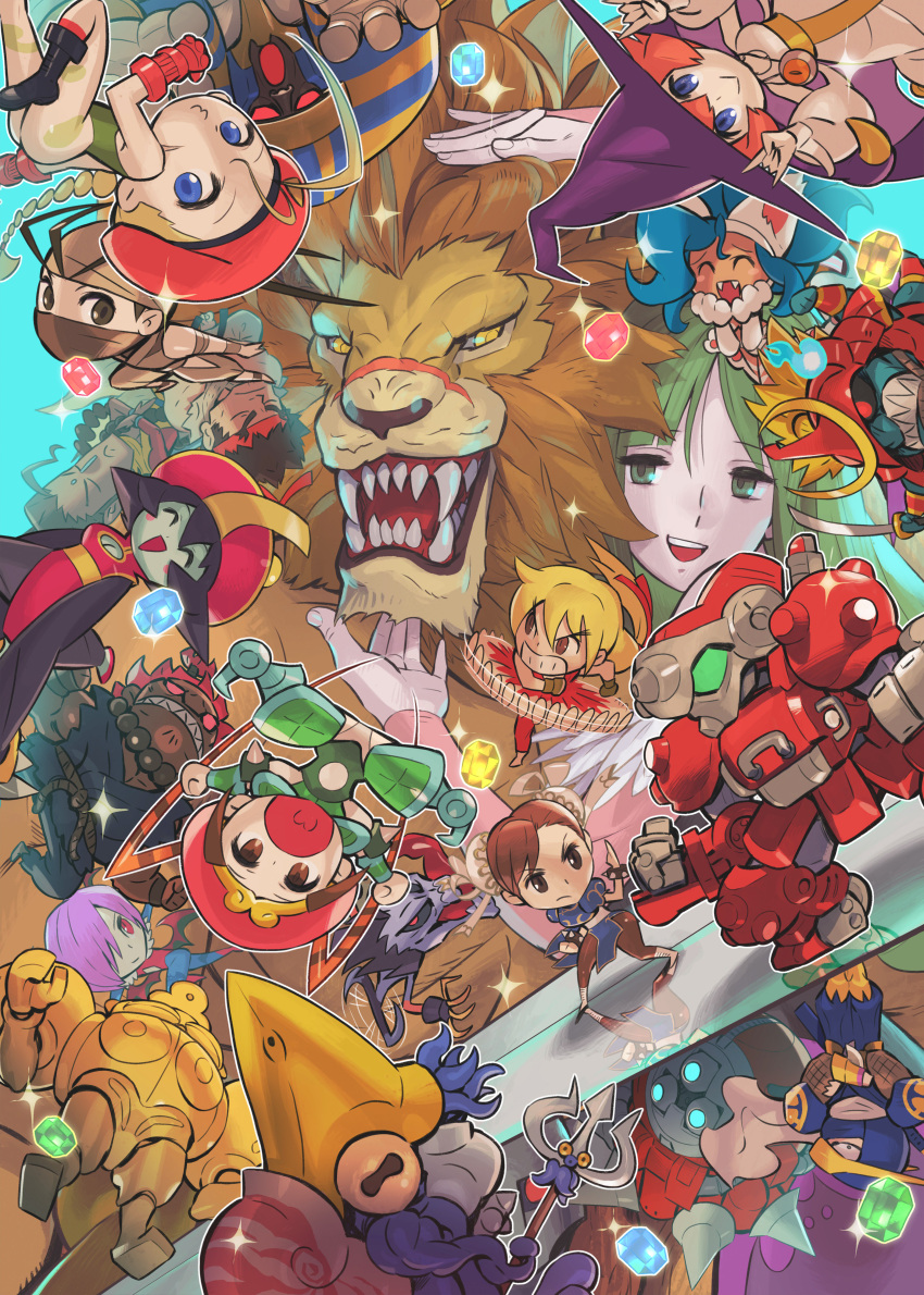 6+boys 6+girls :&gt; :&lt; :o \m/ absurdres akuma_(street_fighter) anakaris animal_ears armor bandana bead_necklace beads bengus beret bishamon blodia blonde_hair blue_background blue_eyes blue_hair blue_skin bracelet brown_hair cammy_white capcom capcom_fighting_collection cat_ears cat_girl chibi chinese_clothes chun-li colored_skin copyright crossover cyberbots demon_girl donovan_baine double_bun dougi falling fangs felicia_(vampire) fighting_stance gem green_armorgems hair_bun happy hat highres ibuki_(street_fighter) japanese_armor jewelry jiangshi ken_masters lei_lei leo_(warzard) leotard lilith_aensland lion lion_hair long_hair mask mask_on_head meditation monster monster_boy monster_girl morrigan_aensland mukuro_(warzard) multiple_boys multiple_girls mummy necklace ninja nool o3o official_art orange_hair phobos_(vampire) pink_hair pocket_fighter polearm purple_hair puzzle_fighter red_bandana robot ryu_(street_fighter) samurai scar scarf smile sparkle spiked_bracelet spikes spinning street_fighter super-8 sword tabasa tao_(warzard) tatsumaki_senpuukyaku tongue tongue_out triangle_mouth trident upside-down vampire_(game) warzard watermark weapon white_scarf witch witch_hat zabel_zarock zombie