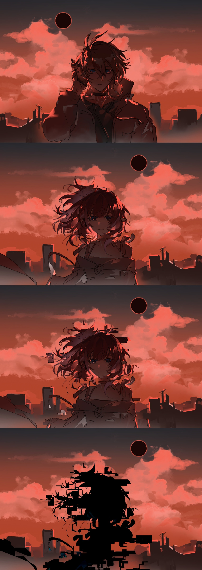 1boy 1girl absurdres alternate_costume anchealcjiea antenna_hair blurry building cellphone chinese_commentary closed_mouth clouds cloudy_sky coat collarbone collared_coat commentary_request couple cyrene_(honkai:_star_rail) cyrene_(philia093)_(honkai:_star_rail) depth_of_field eclipse hair_between_eyes hair_ornament high_collar highres holding holding_phone honkai:_star_rail honkai_(series) hood hood_down long_sleeves looking_at_viewer moon open_mouth phainon_(honkai:_star_rail) phone pov red_background red_moon red_sky shade sky skyscraper smartphone standing upper_body wide-eyed