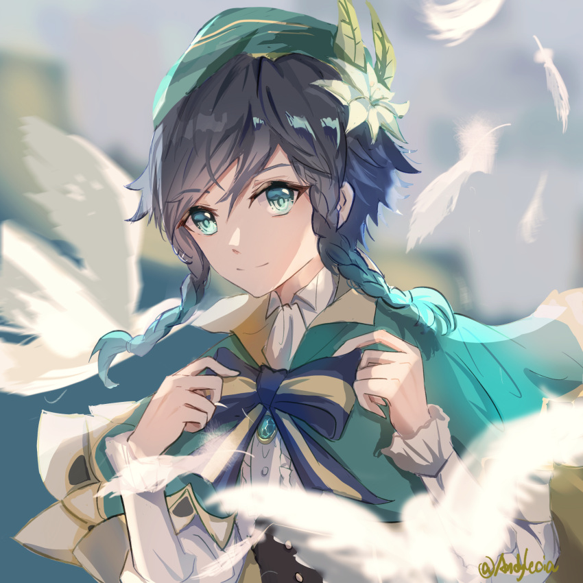 1boy androgynous andylecia bangs beret black_hair blue_hair blurry blurry_background bow braid brooch cape closed_eyes closed_mouth collared_cape collared_shirt commentary_request corset falling_feathers flower frilled_sleeves frills gem genshin_impact gradient_hair green_cape green_eyes green_headwear hair_flower hair_ornament hat highres jewelry leaf long_sleeves looking_at_viewer male_focus multicolored_hair shirt short_hair_with_long_locks side_braids sidelocks smile solo twin_braids twitter_username venti_(genshin_impact) white_flower white_shirt