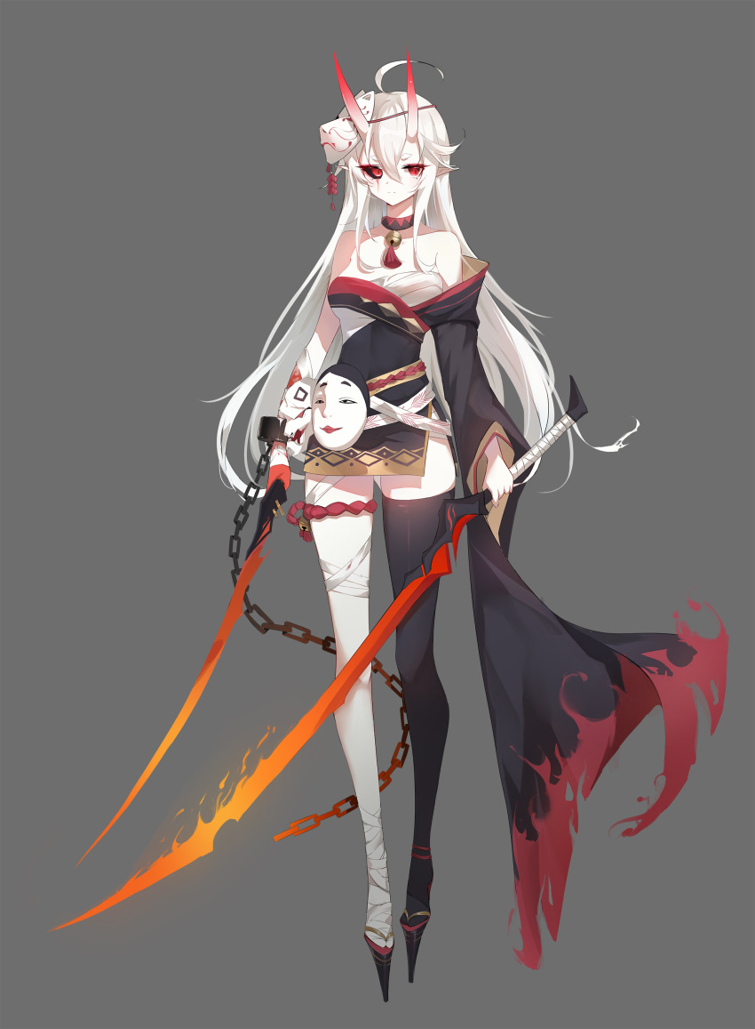 1girl absurdres ahoge asymmetrical_legwear bangs bare_shoulders bell belt choker commentary_request dual_wielding fox_mask full_body hair_between_eyes highres holding holding_sword holding_weapon horns japanese_clothes katana long_hair long_sleeves looking_at_viewer luckyes mask mask_on_head mismatched_legwear mismatched_sclera neck_bell noh_mask oni oni_horns original red_eyes sarashi sidelocks solo standing sword weapon white_hair wide_sleeves zettai_ryouiki