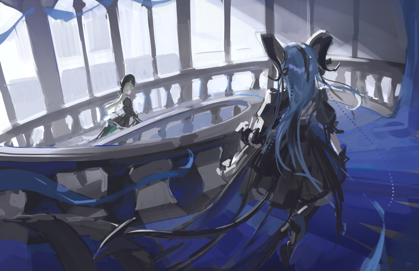 2girls absurdres arknights bang_dream! bang_dream!_it's_mygo!!!!! black_bonnet black_dress black_gloves blue_hair bonnet commentary dress gloves green_hair highres horns long_hair multiple_girls phyriaxi railing short_sleeves stairs tail togawa_sakiko togawa_sakiko_(master_of_melodia) wakaba_mutsumi wakaba_mutsumi_(marionette's_id)