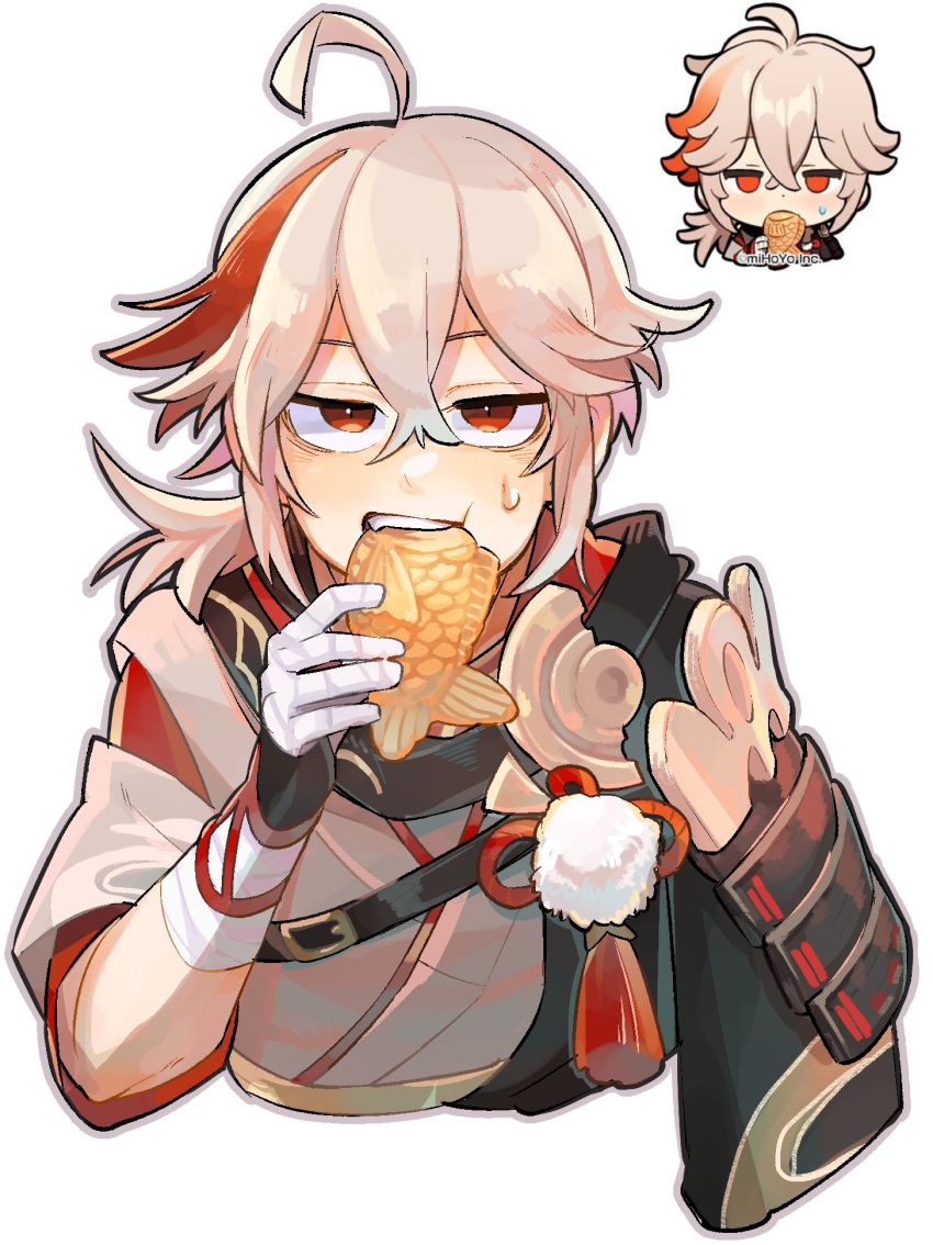 1boy armor bandaged_hand bandages bangs cropped_torso eating food genshin_impact genshin_impact_sticker_redraw_(meme) grey_hair hair_between_eyes highres holding holding_food japanese_armor japanese_clothes kaedehara_kazuha kz2tatata looking_at_viewer male_focus meme multicolored_hair multiple_boys ponytail red_eyes redhead reference_inset simple_background streaked_hair sweat taiyaki tassel wagashi white_background