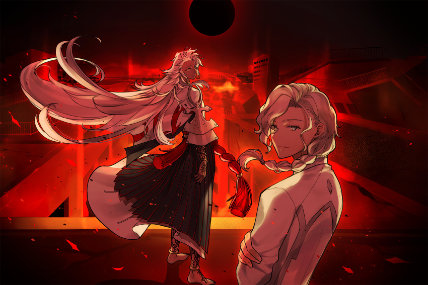 2boys anklet arm_tattoo barefoot black_hair black_nails bracelet braid bridge city commentary crossed_arms dark-skinned_male dark_skin eclipse expressionless eyes_visible_through_hair fate/grand_order fate_(series) fire grey_eyes highres jewelry leg_tattoo long_hair long_sleeves looking_at_viewer looking_back male_focus marisbury_animusphere multiple_boys outdoors rubble side_braid single_braid smile solomon_(fate) standing tassel tattoo tenoteno_syumi very_long_hair white_hair wind wind_lift yellow_eyes