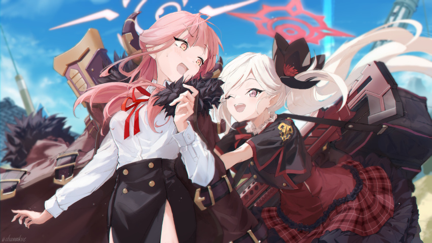 2girls ;d aru_(blue_archive) assault_rifle bangs blue_archive blue_sky blunt_bangs blurry bow bowtie chamu_(chammkue) clouds cloudy_sky coat coat_on_shoulders commentary_request demon_girl demon_horns depth_of_field fur-trimmed_coat fur_trim grey_eyes gun hair_between_eyes hair_ornament hair_scrunchie halo highres horns long_hair long_sleeves looking_at_another multiple_girls mutsuki_(blue_archive) one_eye_closed pink_hair plaid plaid_skirt pointy_ears pushing rifle school_uniform scrunchie short_sleeves side_ponytail sidelocks skirt sky smile sniper_rifle sweatdrop weapon weapon_on_back white_hair yellow_eyes