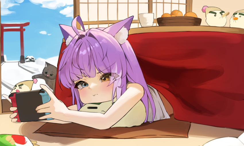 1girl absurdres ahoge animal_ear_fluff animal_ears bare_arms black_cat blue_eyes blue_sky brown_eyes cat closed_mouth commentary_request creature day fox_ears fox_girl hair_intakes handheld_game_console heterochromia highres holding holding_handheld_game_console inari_(tenko_shibuki) indoors korean_commentary kotatsu long_hair looking_at_screen lying multicolored_hair nintendo_switch on_stomach purple_hair renibou shouji sky sliding_doors snow solo stellive streaked_hair stuffed_toy table tenko_shibuki torii under_kotatsu under_table v-shaped_eyebrows virtual_youtuber winter