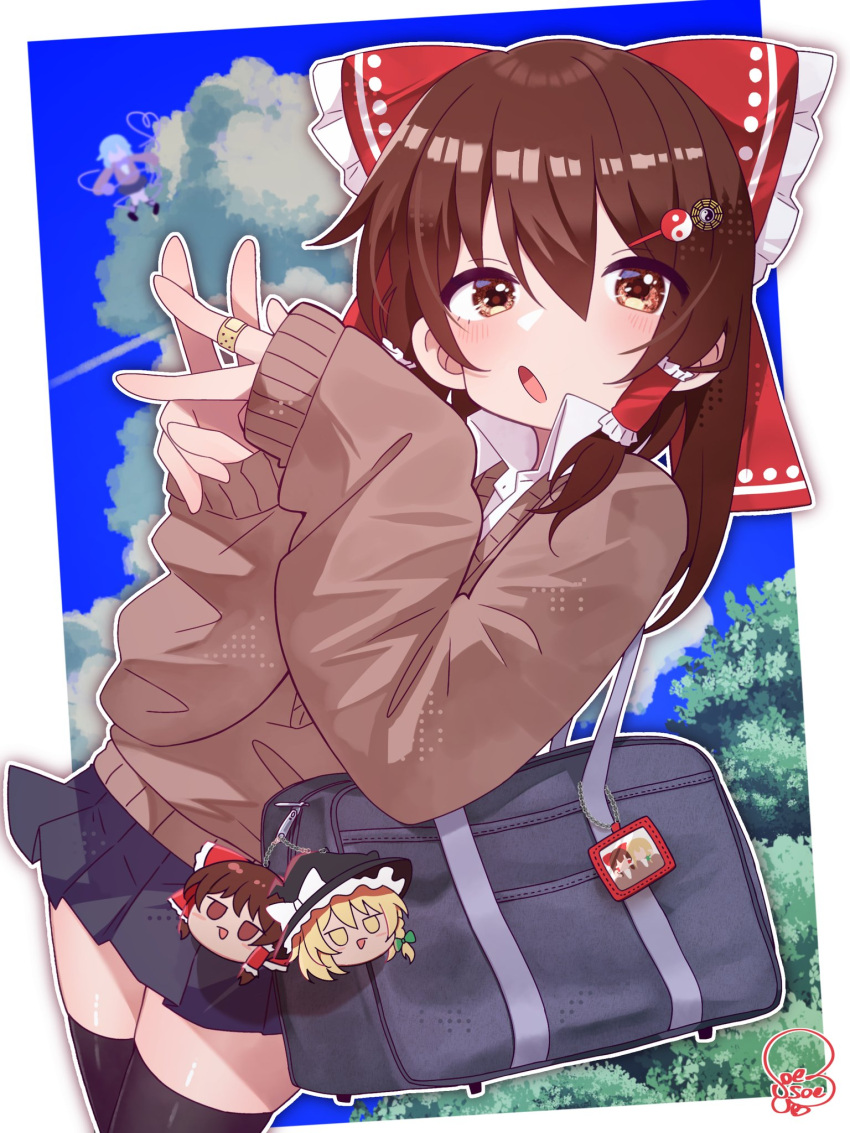 1girl alternate_costume bag bag_charm bandaid bandaid_on_finger bandaid_on_hand black_skirt blue_sky blush bow brown_cardigan brown_eyes brown_hair cardigan charm_(object) clouds double_v floating hair_between_eyes hair_ornament hair_tubes hairpin hakurei_reimu highres kirisame_marisa komeiji_koishi long_hair long_sleeves looking_at_viewer outdoors own_hands_together parted_lips red_bow school_bag school_uniform serafuku shirt signature skirt sky soesoe300 solo thigh-highs thighs touhou tree v white_shirt zettai_ryouiki