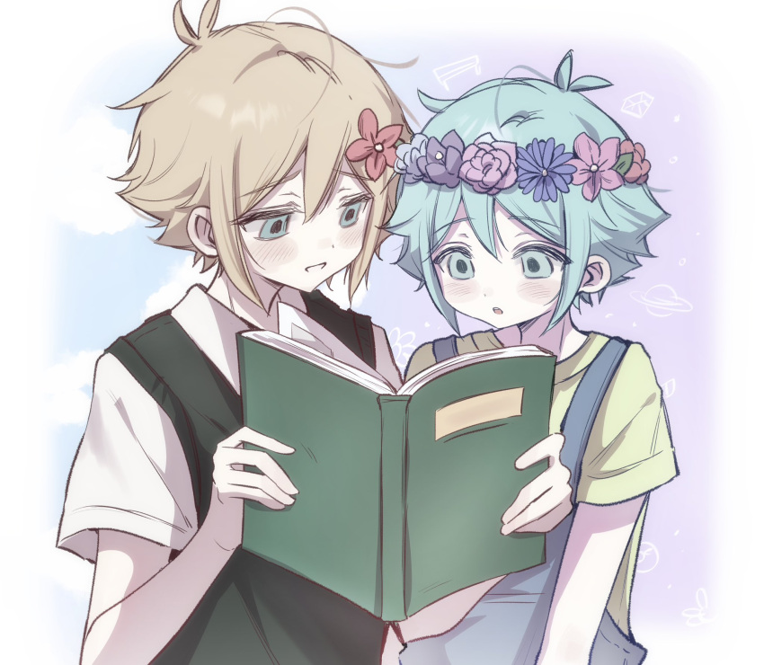 2boys :d :o ahoge antenna_hair bare_arms basil_(faraway)_(omori) basil_(headspace)_(omori) basil_(omori) blonde_hair blue_eyes blue_flower blue_hair blue_overalls blue_rose blue_sky blush book border child clouds collared_shirt commentary_request day double-parted_bangs dual_persona facing_viewer flipped_hair flower from_above gradient_background green_shirt green_sweater_vest grin hair_between_eyes hair_flower hair_ornament hands_up highres holding holding_book jitome korean_commentary leaf looking_at_object looking_down male_focus multiple_boys omori open_book outside_border overalls pale_skin pink_flower pink_rose purple_background purple_flower raised_inner_eyebrows red_flower red_rose rose shirt short_hair short_sleeves side-by-side sidelocks simple_background sky smile sweater_vest t-shirt tareme teeth two-tone_background upper_body upper_teeth_only white_border white_shirt wktdms1