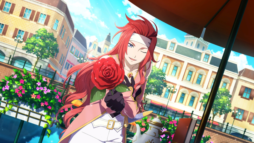 1boy artist_request belt black_gloves blue_eyes blue_sky book chest_jewel clouds cowboy_shot day flower game_cg gem gloves gold_trim hand_on_own_chest headband highres holding holding_flower house incoming_gift long_hair looking_at_viewer official_art one_eye_closed open_mouth outdoors pants pink_vest plant red_flower red_gem red_hair red_rose rose sheath sheathed sky smile solo sword tales_of_(series) tales_of_symphonia teapot third-party_source town tree very_long_hair vest water weapon white_belt white_headband white_pants yellow_trim zelos_wilder