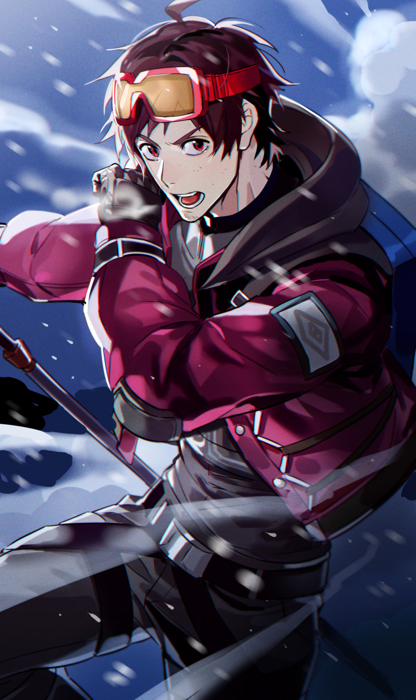 1boy absurdres ahoge belt cold facial_hair gloves goatee goggles goggles_on_head highres hood hood_down hooded_jacket idolmaster idolmaster_side-m jacket looking_at_viewer male_focus open_mouth red_eyes redhead ryeon_(gs_oik) ski_pole snowing tendo_teru