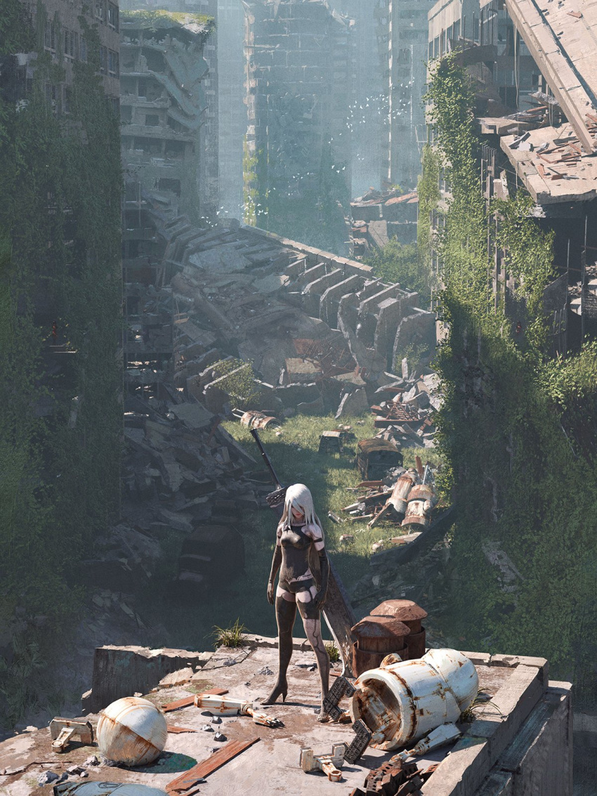 3girls after_battle android asymmetrical_legwear bird black_gloves building city commentary dirty elbow_gloves english_commentary gloves grass greatsword high_heels highres joints machine_(nier) multiple_girls nier_(series) nier_automata official_art plant promotional_art red_girl_(nier) robot_joints rounin_(amuza) ruins scenery short_shorts shorts standing sword vines weapon white_hair yorha_type_a_no._2