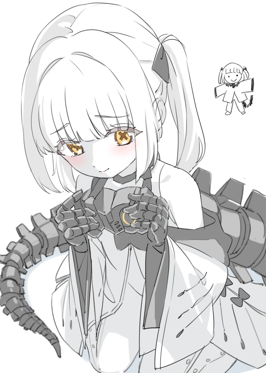 1girl absurdres arms_up black_mask blue_archive chibi coat colored_skin commentary_request ein_(blue_archive) from_above furrowed_brow highres looking_at_viewer mask mechanical_hands mechanical_tail segmented_tail solo symbol-shaped_pupils tail ushaku white_coat white_hair white_skin x-shaped_pupils yellow_eyes