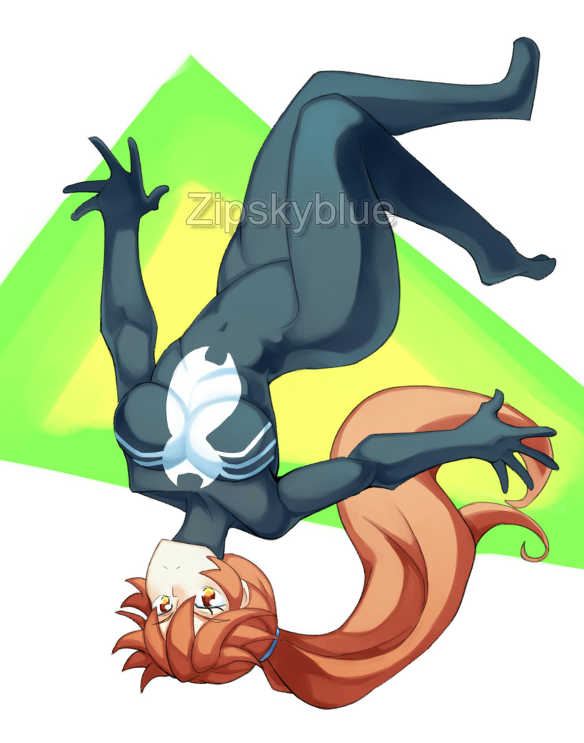 1girl absurdres artist_name black_bodysuit bodysuit breasts brown_eyes brown_hair cosplay dead_or_alive full_body high_ponytail highres kasumi_(doa) long_hair marvel medium_breasts solo spider-man_(series) venom_(marvel) watermark zipskyblue