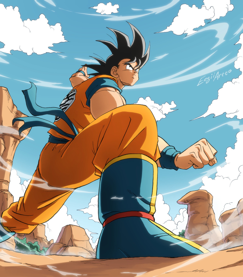 1boy absurdres artist_name black_hair blue_footwear boots clenched_hand closed_mouth dougi dragon_ball dragon_ball_z eegiiartto english_commentary fighting_stance highres looking_afar male_focus outdoors serious solo son_goku spiky_hair wristband