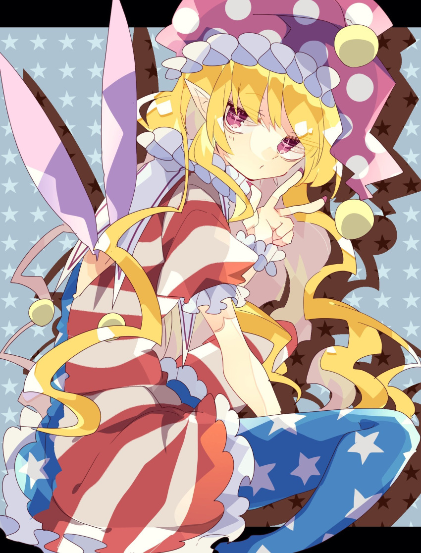 1girl american_flag_dress american_flag_legwear bangs between_legs blonde_hair clownpiece commentary dress fairy_wings foot_out_of_frame frilled_dress frills from_behind hand_between_legs hat highres hunched_over jester_cap long_hair looking_at_viewer looking_back nail_polish neck_ruff nikorashi-ka pantyhose pointy_ears polka_dot_headwear puffy_short_sleeves puffy_sleeves purple_nails short_sleeves sitting solo sparkling_eyes star_(symbol) starry_background touhou violet_eyes w wariza wings wrist_cuffs