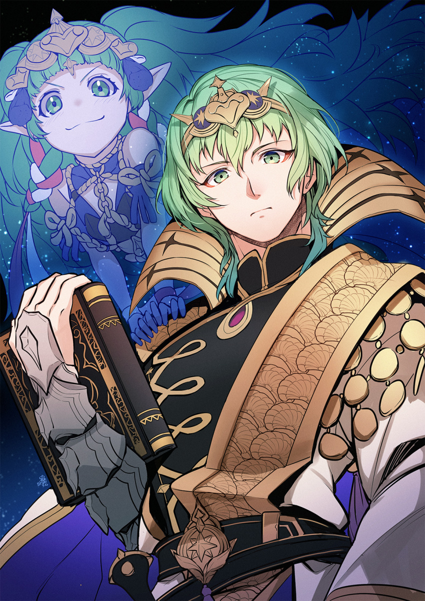1boy 1girl alternate_costume asymmetrical_clothes bangs bare_shoulders blue_dress blunt_bangs book braid byleth_(fire_emblem) byleth_eisner_(male) closed_mouth commentary_request dress enlightened_byleth_(male) expressionless fire_emblem fire_emblem:_three_houses fire_emblem_heroes floating floating_hair green_eyes green_hair hair_between_eyes hair_ornament hands_on_another's_shoulders high_collar highres holding holding_book long_hair looking_at_viewer nakabayashi_zun official_alternate_costume pointy_ears short_hair sleeveless sleeveless_dress smile sothis_(fire_emblem) tiara twin_braids twintails upper_body very_long_hair