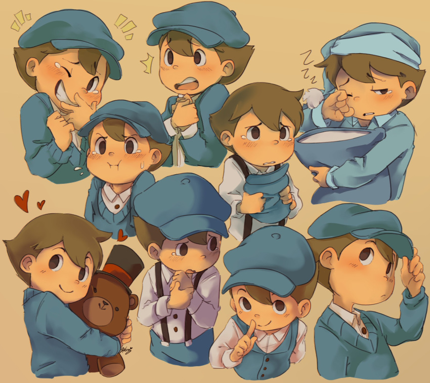 1boy bangs blush brown_eyes brown_hair hat heart highres hsouflee layton's_mystery_journey luke_triton male_child male_focus open_mouth orange_background overalls pillow professor_layton short_hair sketch smile tears top_hat upper_body zzz