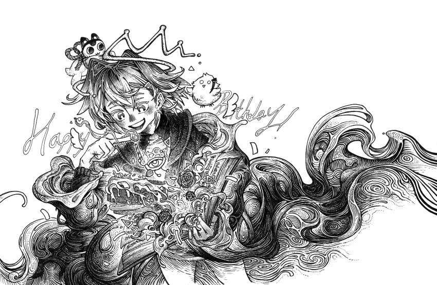 1girl :d ange_katrina ange_katrina_(1st_costume) animal animalization banken_(inui_toko) bird blush book bright_pupils cake candle commentary_request creature crown detached_wings fire flower food greyscale hair_intakes hand_up happy_birthday hatching_(texture) highres holding holding_book lighting_candle linear_hatching lize_helesta long_sleeves looking_at_object looking_down magic medium_hair mini_wings monochrome nijisanji nose_blush open_book pyrokinesis rose shou-star smile solo_focus teeth upper_teeth_only virtual_youtuber wings