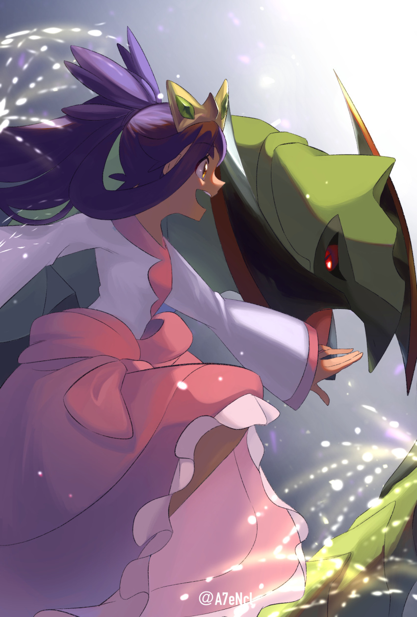 1girl :d brown_eyes commentary_request dark-skinned_female dark_skin from_side grey_background hair_rings haxorus highres iris_(pokemon) long_hair long_sleeves open_mouth pink_skirt pokemon pokemon_(anime) pokemon_(creature) pokemon_journeys ponytail purple_hair shirt skirt smile teeth tiara uguisu_(sugardollhomelif) upper_teeth white_shirt