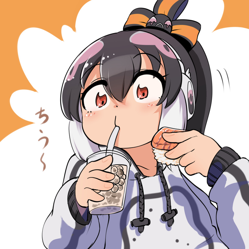 1girl african_penguin_(kemono_friends) animal_costume animal_hood black_hair drink drinking_straw food headphones highres hood kemono_friends kemono_friends_v_project long_hair looking_at_viewer mcgunngu multicolored_hair orange_hair penguin_costume penguin_hood ponytail ribbon shirt simple_background solo sushi virtual_youtuber