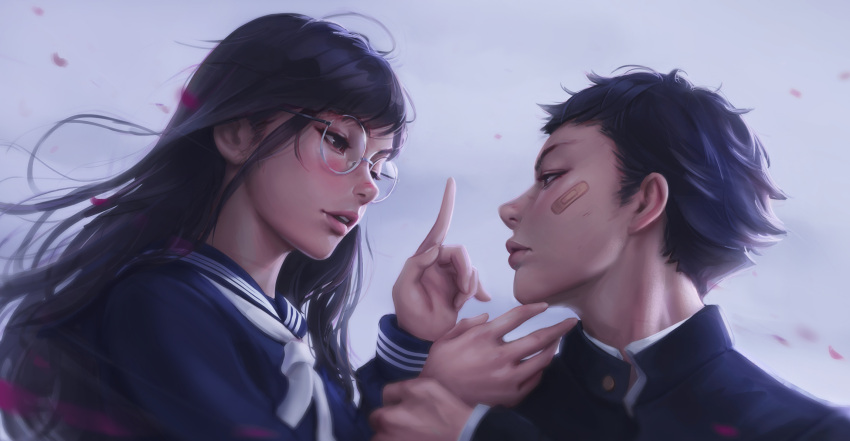 1boy 1girl bandaid bandaid_on_face black_hair blush cherry_blossoms glasses hair_blowing highres index_finger_raised looking_at_another nostrils open_mouth realistic rotisusu round_eyewear uniform