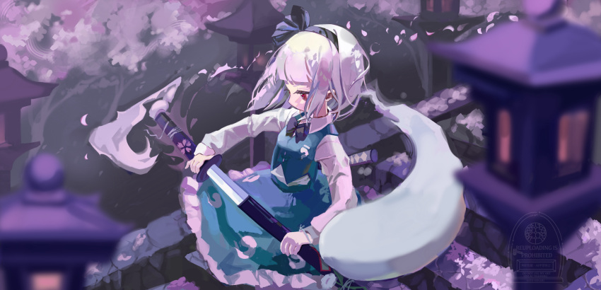 1girl black_bow black_bowtie blurry blurry_foreground bow bowtie cherry_blossoms collared_shirt commentary_request falling_petals frilled_skirt frills from_side green_skirt green_vest grey_hair highres holding holding_sword holding_weapon katana konpaku_youmu konpaku_youmu_(ghost) long_skirt long_sleeves mimim3kn outdoors petals pink_petals red_eyes sheath shirt short_hair skirt solo stairs standing sword touhou tree unsheathing vest watermark weapon white_shirt