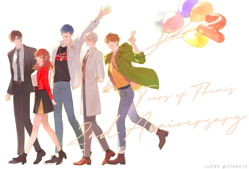 1girl 4boys ;d absurdres anniversary artem_wing_(tears_of_themis) balloon black_jacket black_necktie black_pants black_skirt blue_eyes brown_eyes brown_hair coat dog_tags formal_clothes full_body glasses green_eyes green_jacket highres jacket jyan512 lab_coat luke_pearce_(tears_of_themis) marius_von_hagen_(tears_of_themis) multiple_boys necktie one_eye_closed open_mouth pants purple_hair red_jacket red_necktie rosa_(tears_of_themis) short_hair simple_background skirt smile standing tears_of_themis v violet_eyes vyn_richter_(tears_of_themis) white_background white_coat white_hair yellow_eyes