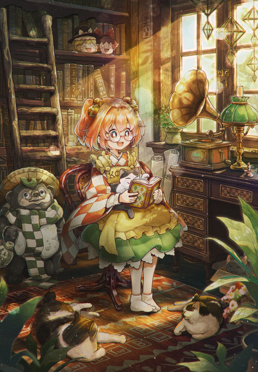 1girl absurdres animal_on_lap apron bell book bookshelf cat cat_on_lap chair checkered_clothes checkered_kimono clothes_writing commentary_request desk flower glasses green_skirt hair_bell hair_ornament hakurei_reimu highres holding holding_book im_(badmasa) indoors japanese_clothes jingle_bell kimono kirisame_marisa ladder long_sleeves motoori_kosuzu on_chair on_lap open_book open_mouth phonograph plant potted_plant reading short_hair sitting skirt smile socks solo statue touhou two_side_up wide_sleeves window yellow_apron yukkuri_shiteitte_ne
