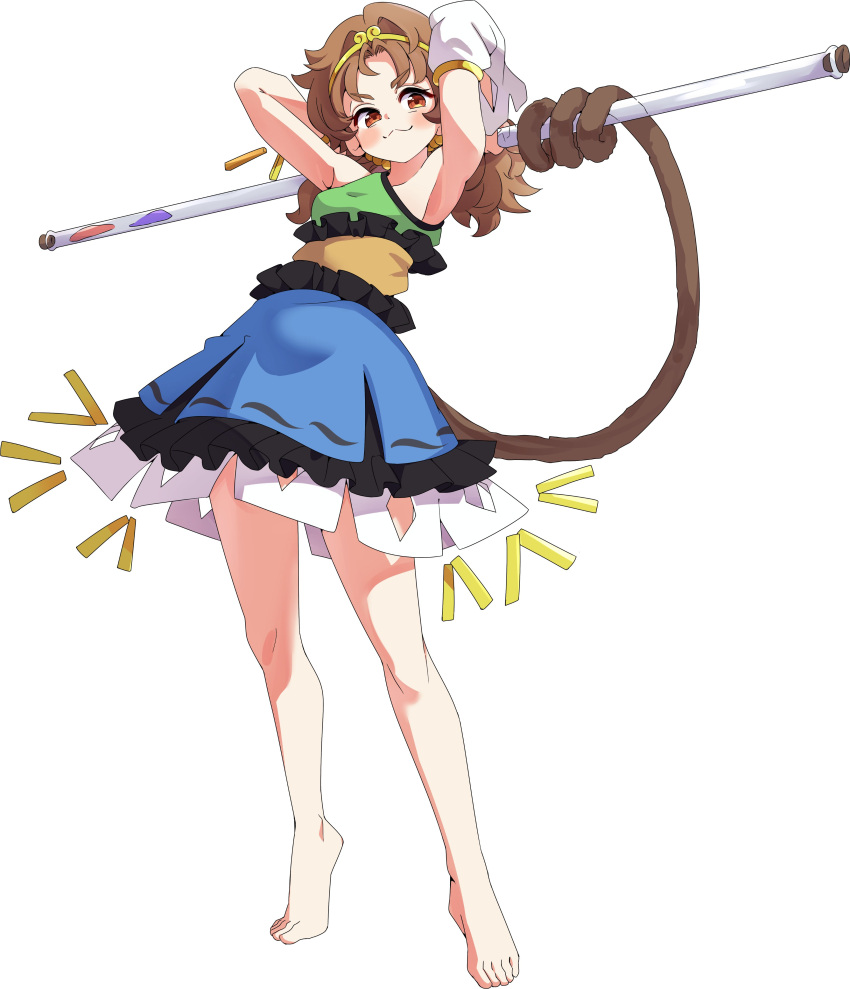 1girl :3 absurdres arms_up baba_(baba_seimaijo) barefoot blue_dress blush brown_hair circlet commentary_request detached_sleeves dress full_body gold_circlet green_dress highres long_hair looking_at_viewer low_twintails monkey_girl monkey_tail multicolored_dress red_eyes ruyi_jingu_bang simple_background single-shoulder_dress single_detached_sleeve smile solo son_biten tail toes touhou twintails white_background yellow_dress
