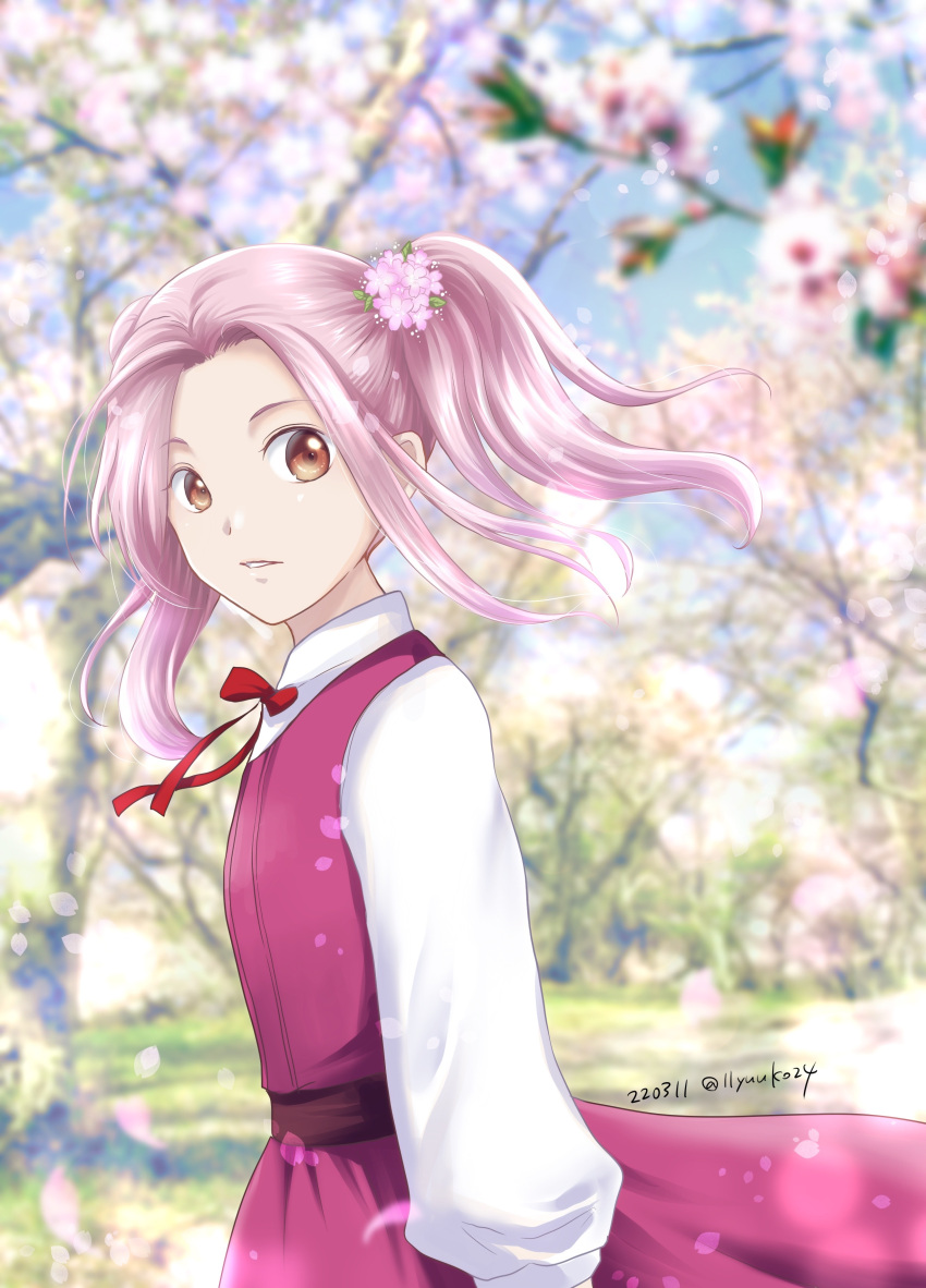 1girl absurdres blurry blurry_background brown_eyes cherry_blossoms dated dress floating_hair flower from_side hair_flower hair_ornament hannelole_(honzuki_no_gekokuji) highres honzuki_no_gekokujou long_hair long_sleeves looking_at_viewer neck_ribbon parted_lips pinafore_dress pink_flower pink_hair red_dress red_ribbon ribbon shiny shiny_hair shirt sleeveless sleeveless_dress solo spring_(season) standing twintails twitter_username white_shirt yuuko24